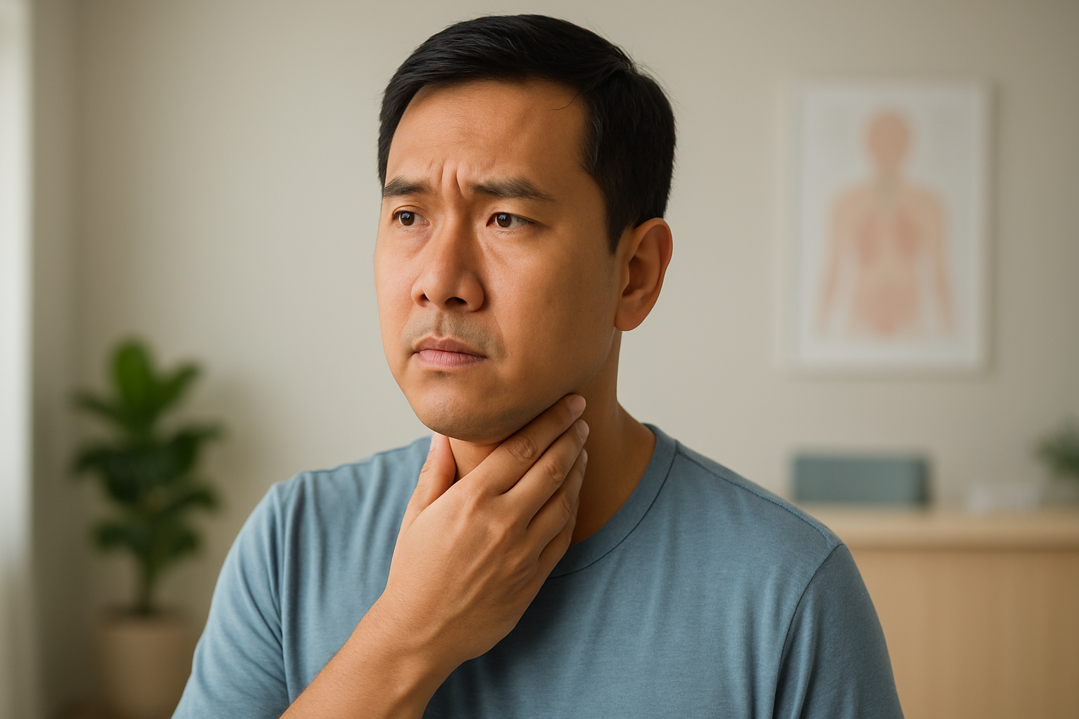 Malaysian adult touching a neck swelling in a clinic setting