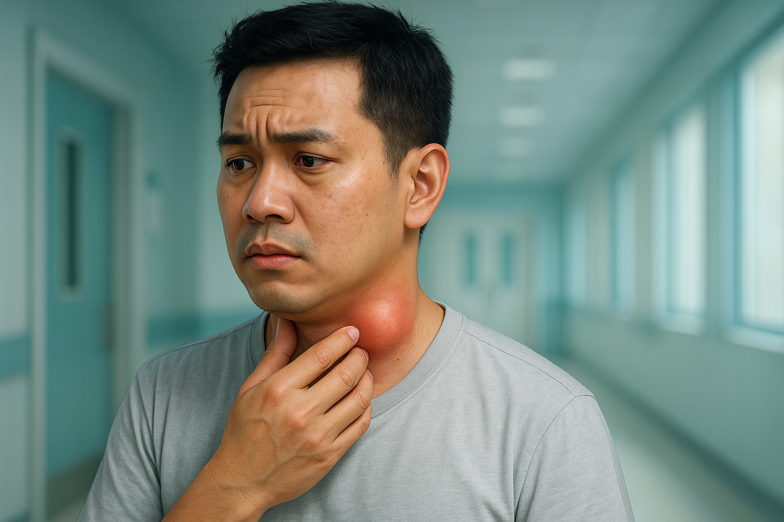 Close-up medical illustration of a swollen neck showing deep neck abscess