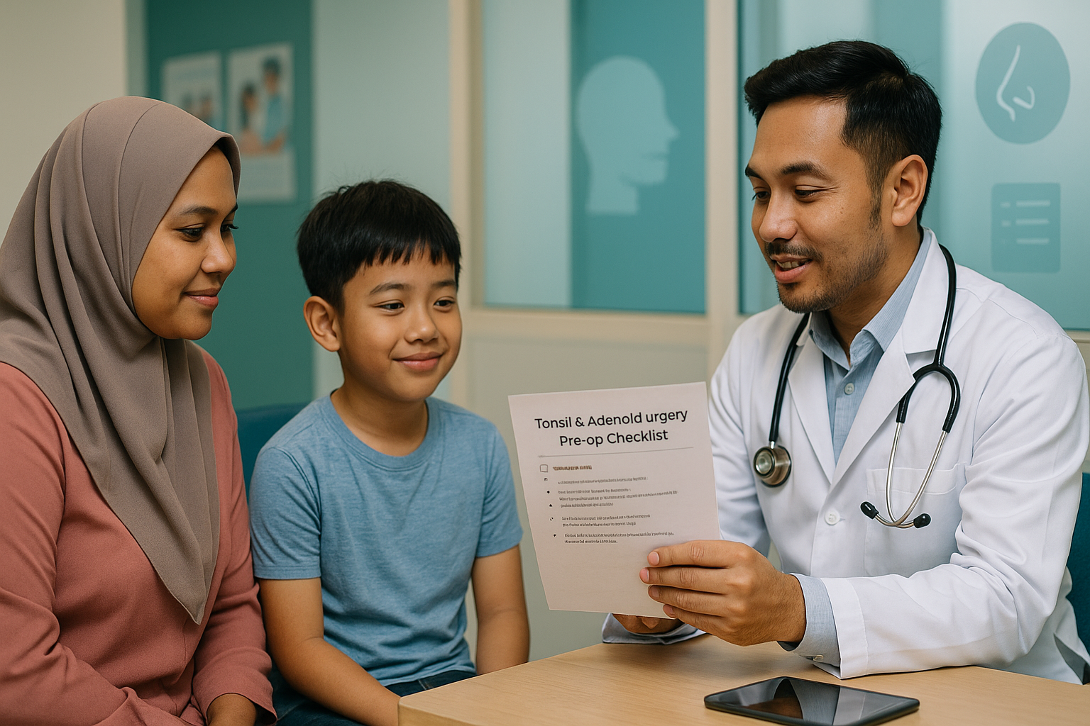 Parent and child reviewing a tonsil surgery checklist with a Malaysian ENT doctor.