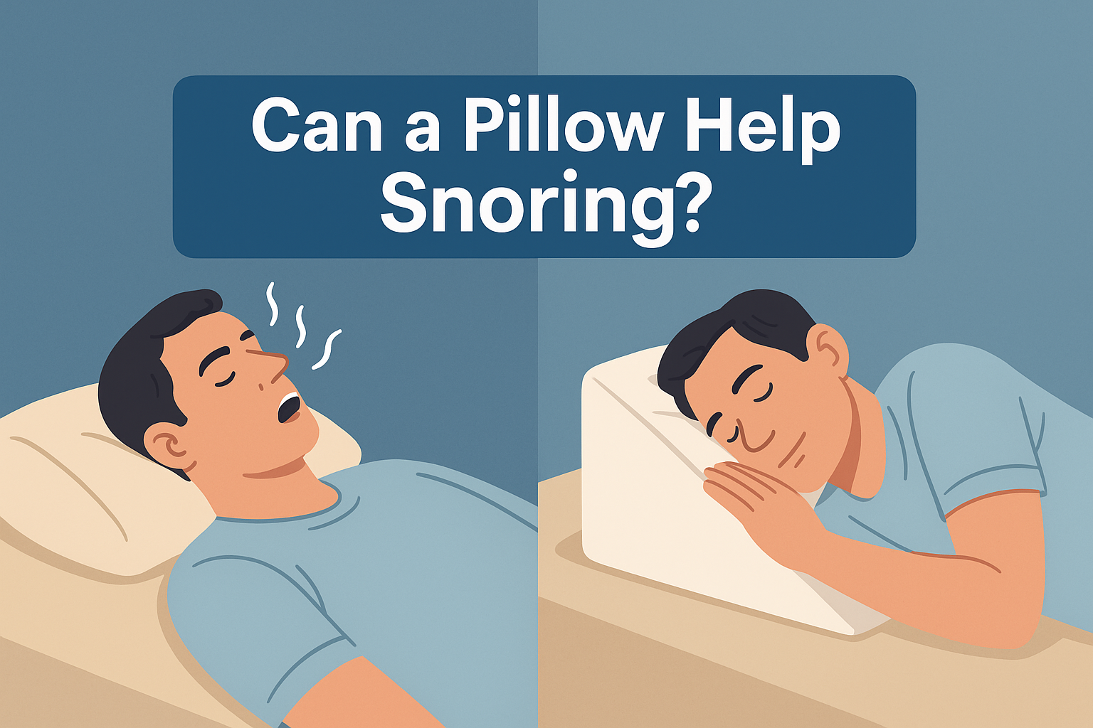 Illustration comparing back sleeping with snoring versus side sleeping on a wedge pillow for positional sleep apnea.