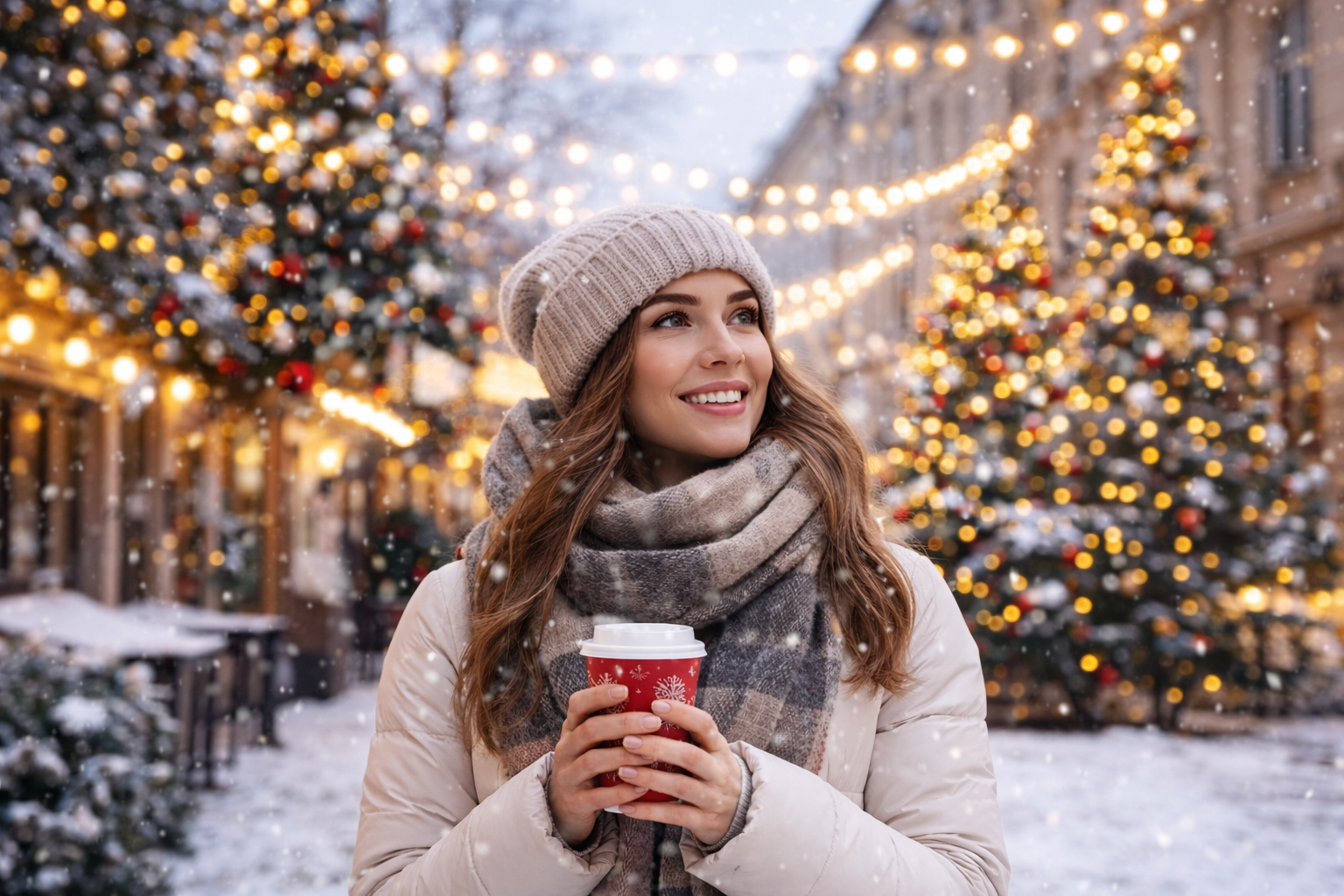 Traveler in winter clothing during Christmas season with snowy background, representing cold weather travel ENT tips.