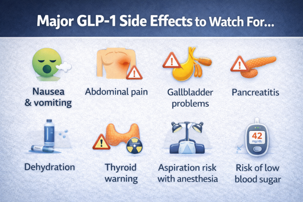 cons summarizing possible GLP-1 medication side effects and warning signs.