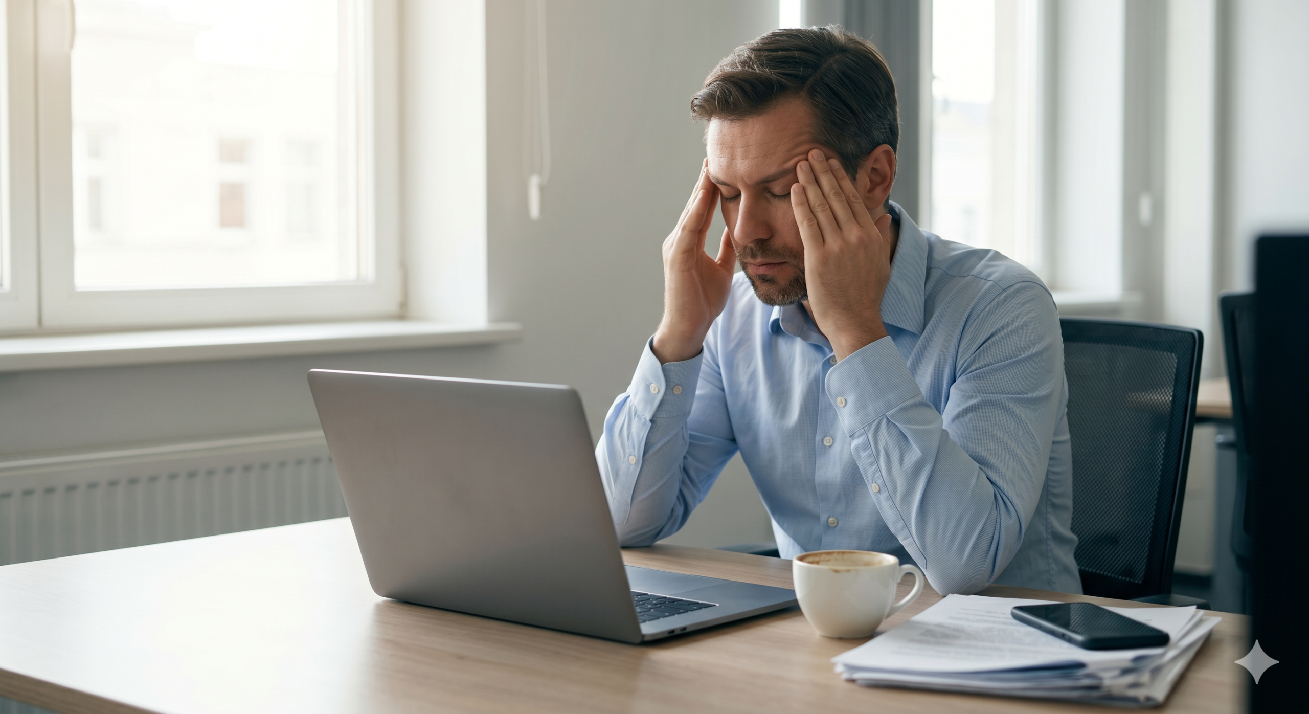 man in front of laptop with headache