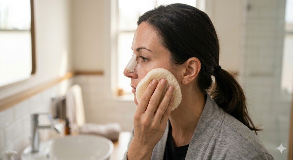 woman after nasal surgery in a bathroom