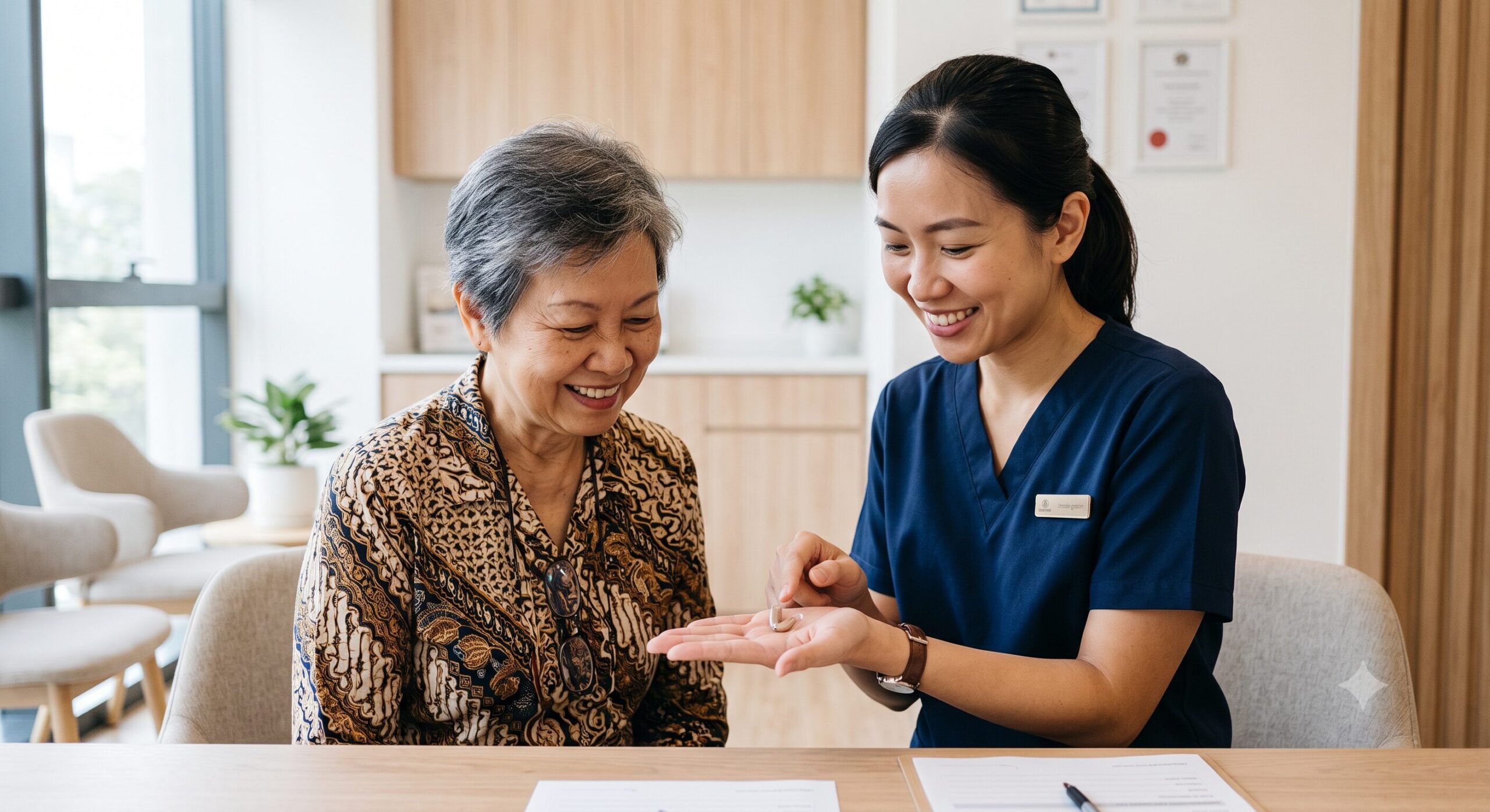 asian doctor introducing hearing to an elderly woman