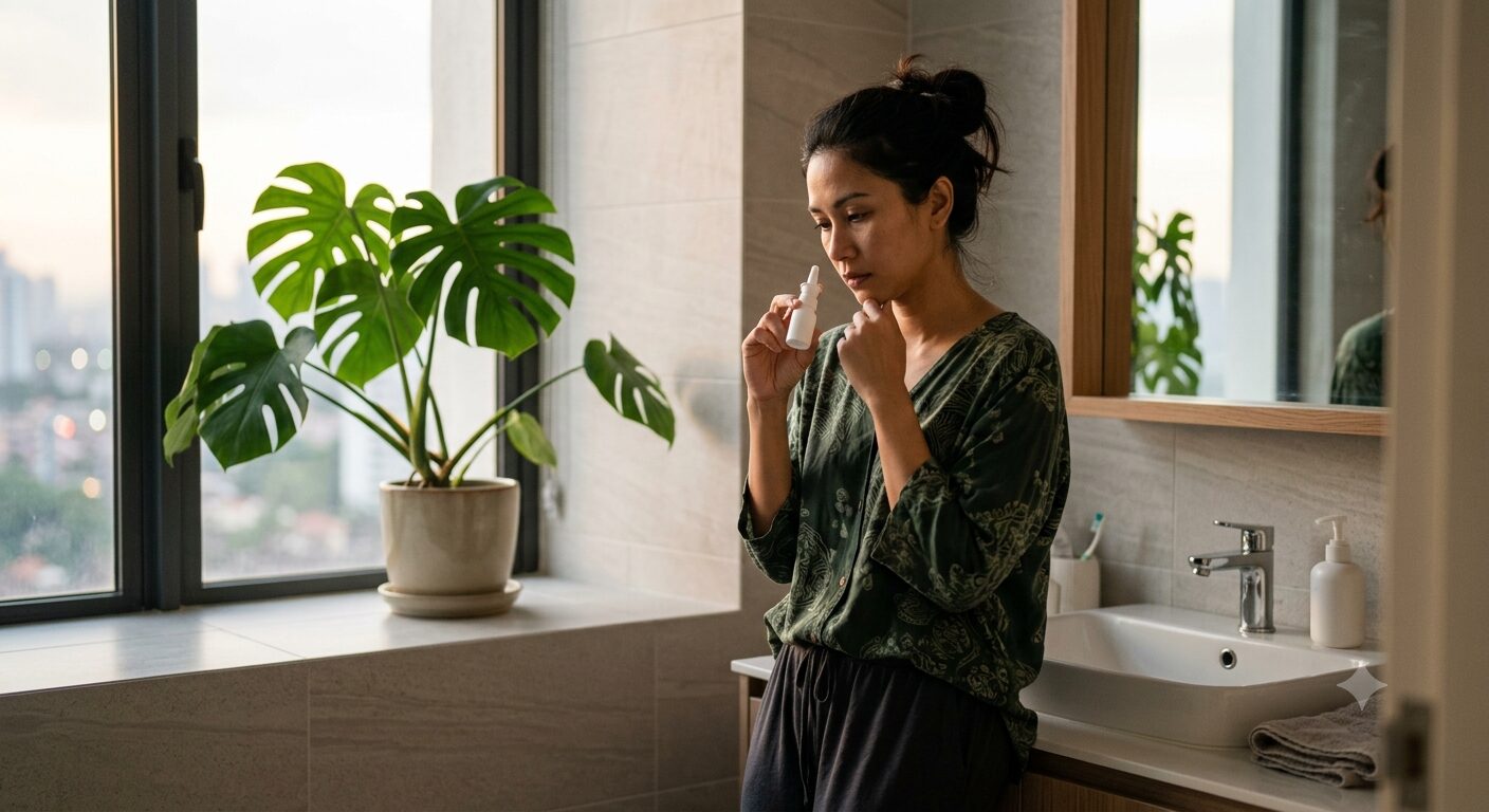 asian woman using nasal sprays in an apartment in PJ