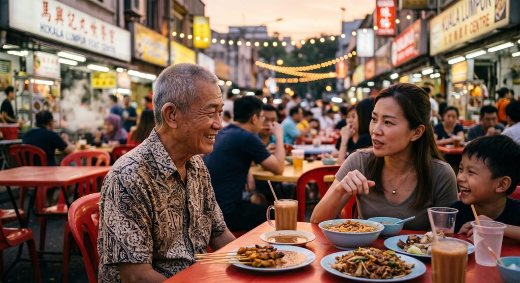 old man enjoying dinner at a hawker stall using hearing aids to hear