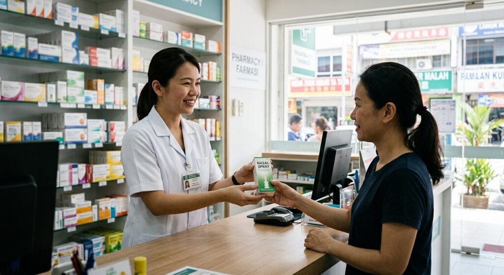 pharmacist delivering nasal spray to a patient