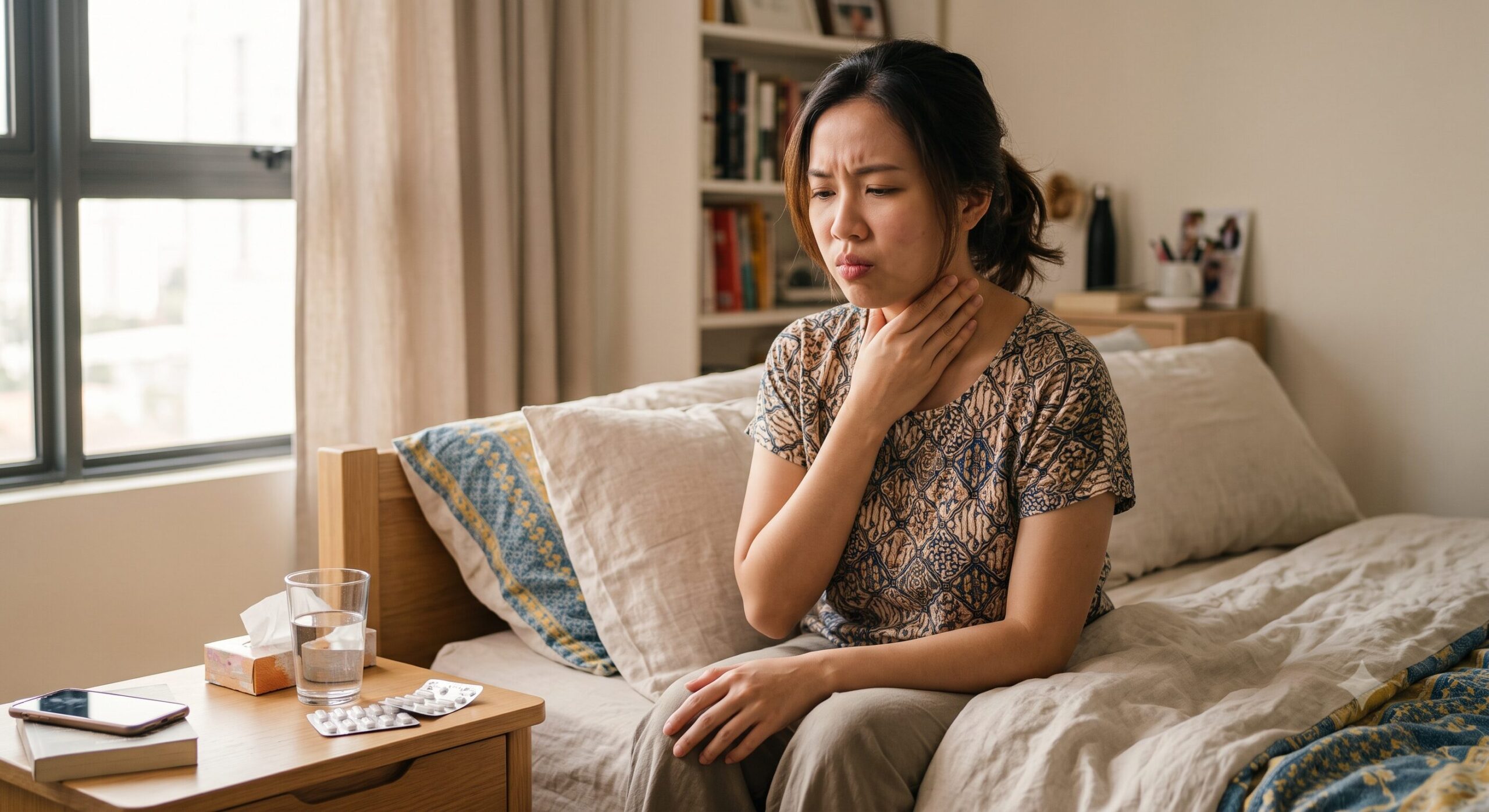woman at bed with sore throat