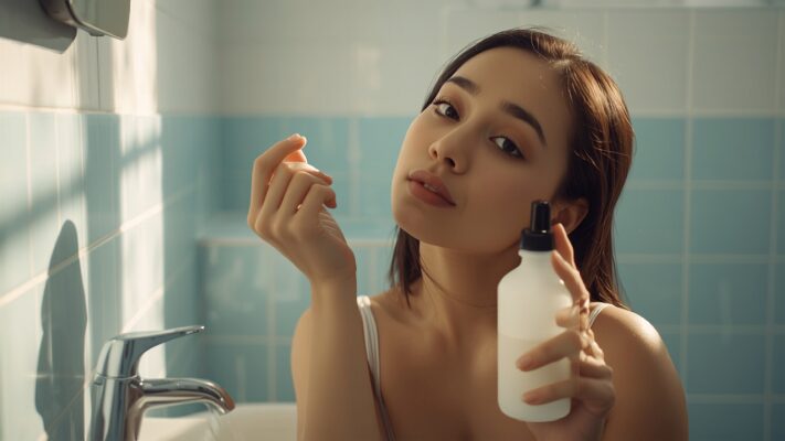 Woman using a sinus rinse squeeze bottle at a bathroom sink in a Malaysian home