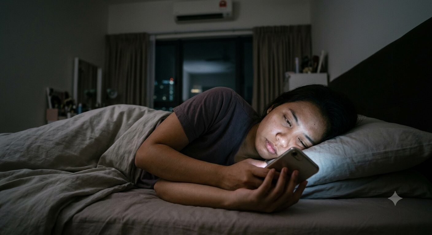 woman scrolling phone while trying to fall asleep