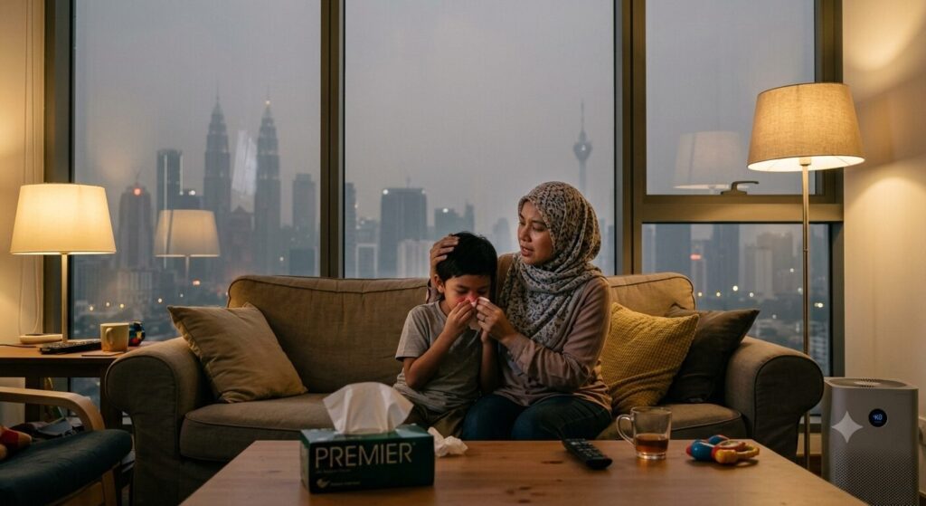 malaysia family with haze in the background