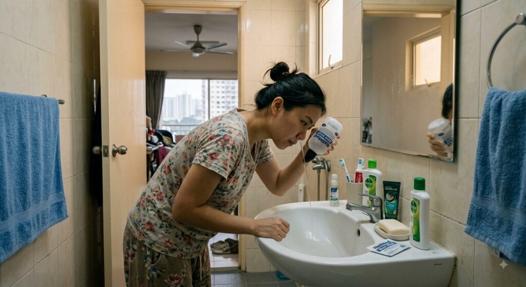 women in toilet performing a nasal douche