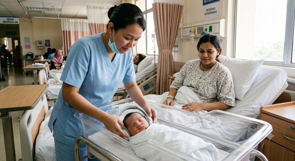 nurse placing headphones on child