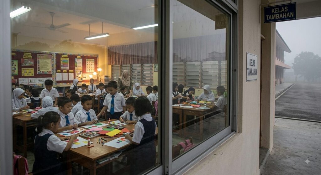 children in class with haze in the environment