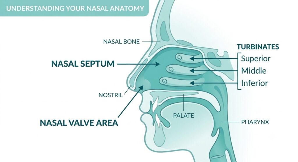 graphical illustration of saggital section of nasal cavity and head