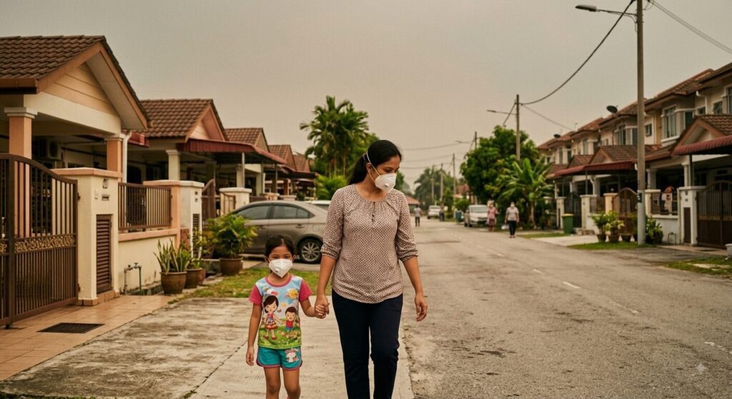 mother and children in haze background
