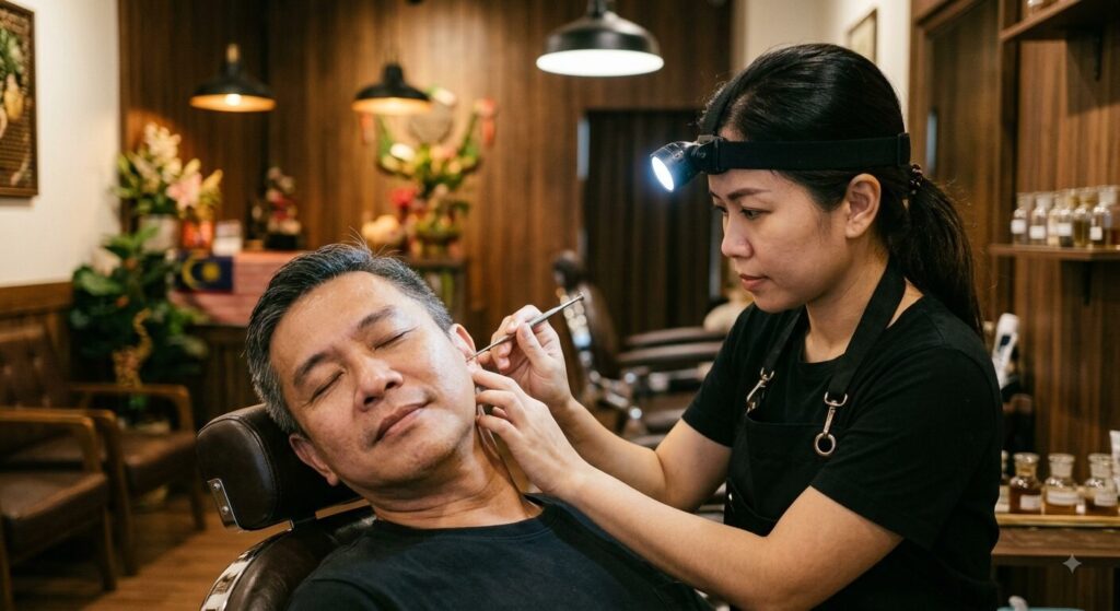 woman removing ear wax from a man