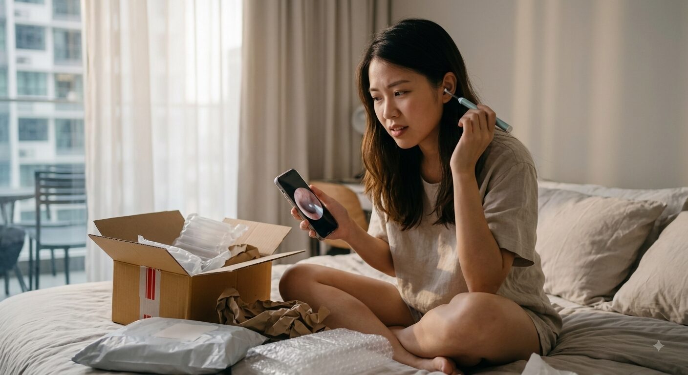 woman digging ear with camera phone