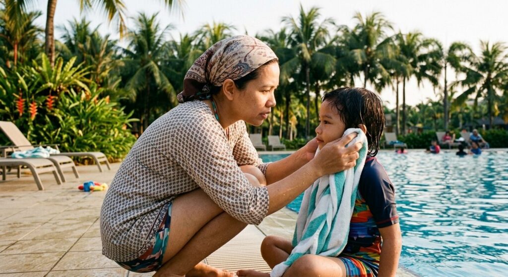 mother cleaning child ear
