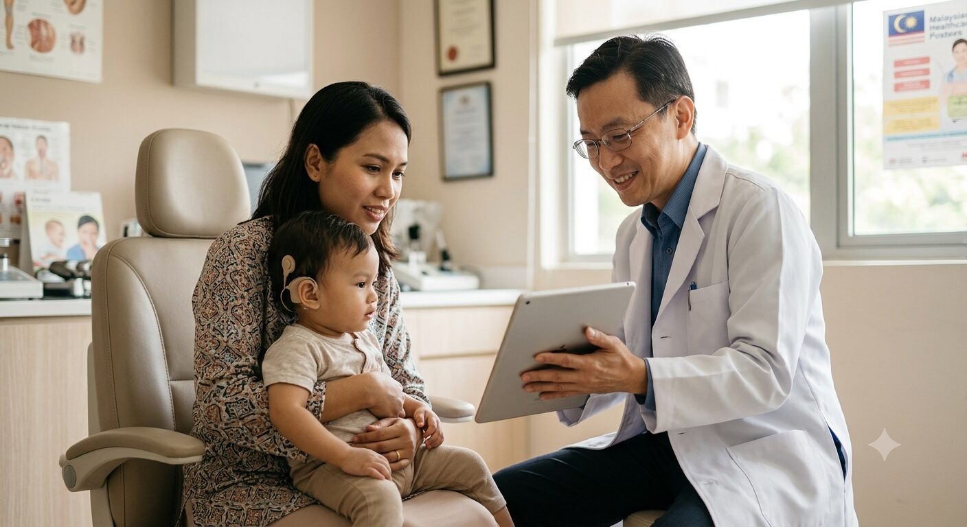 malaysian doctor showing mom and kid an iPad image