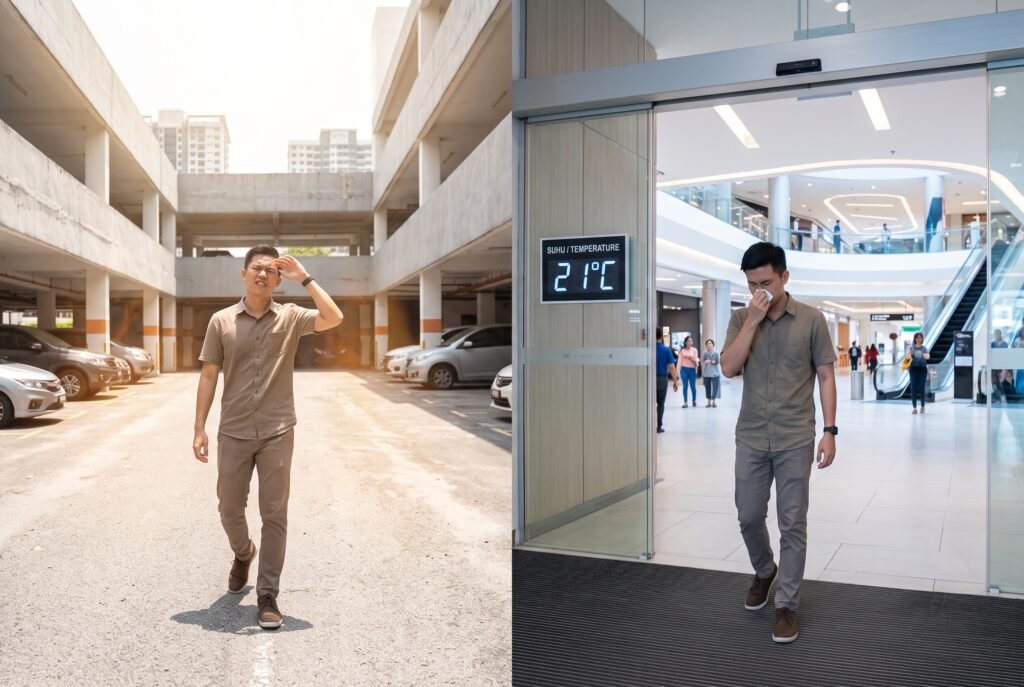 man in hot environment then entering cold invironment