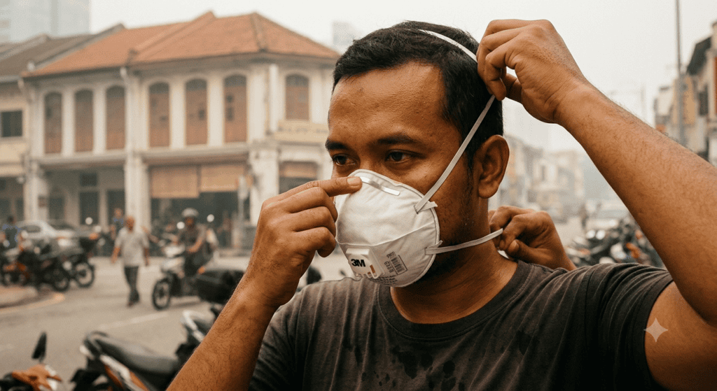 man wearing mas in public with haze in background
