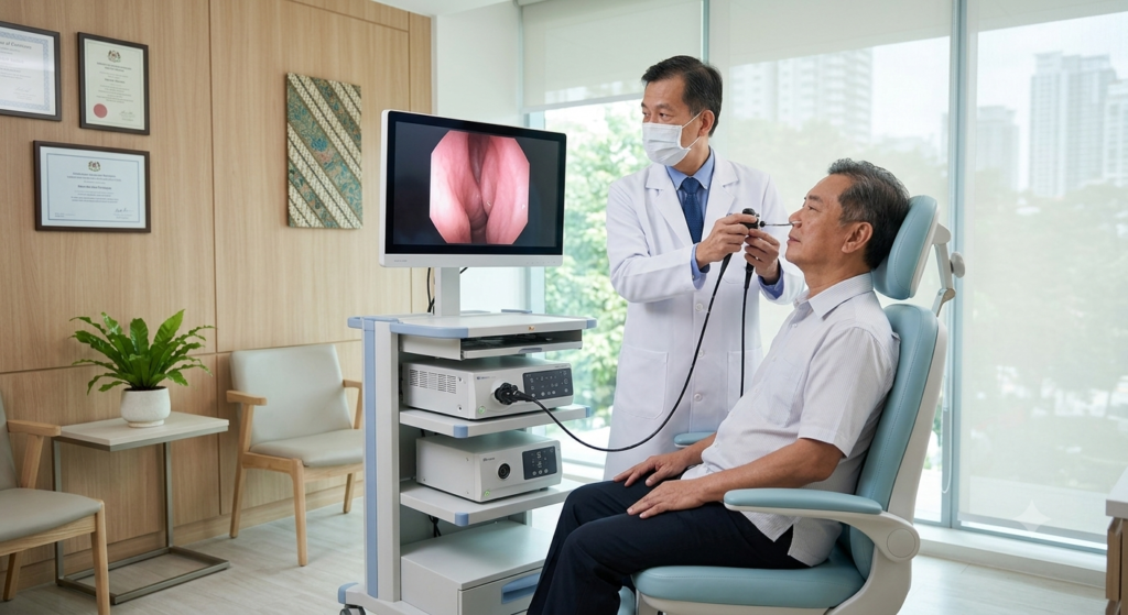 ENT Doctor performing a scope to look for foreign body