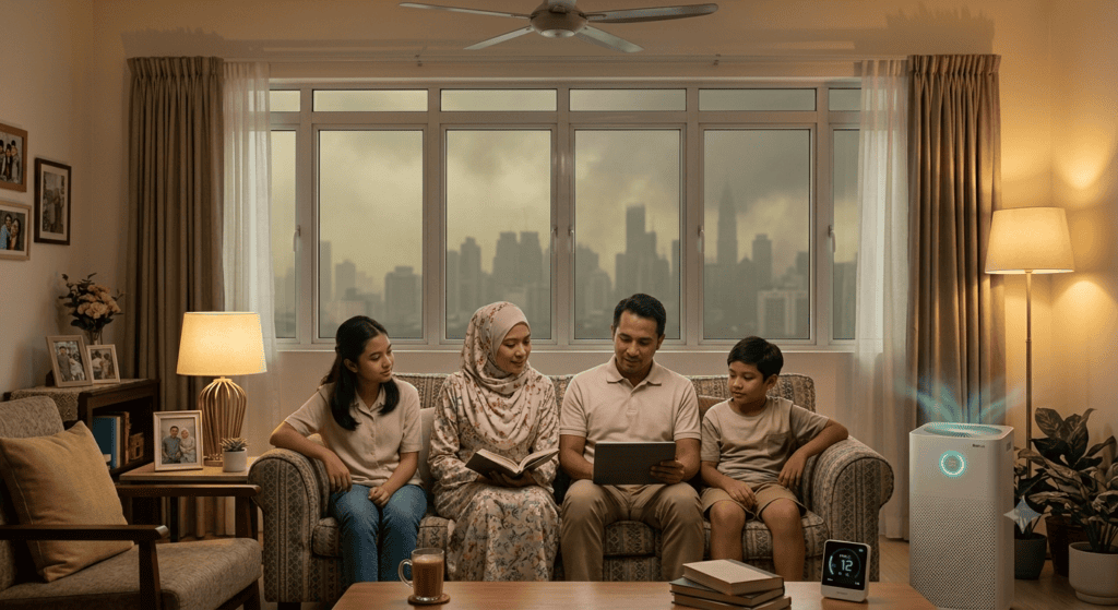 family with haze in background
