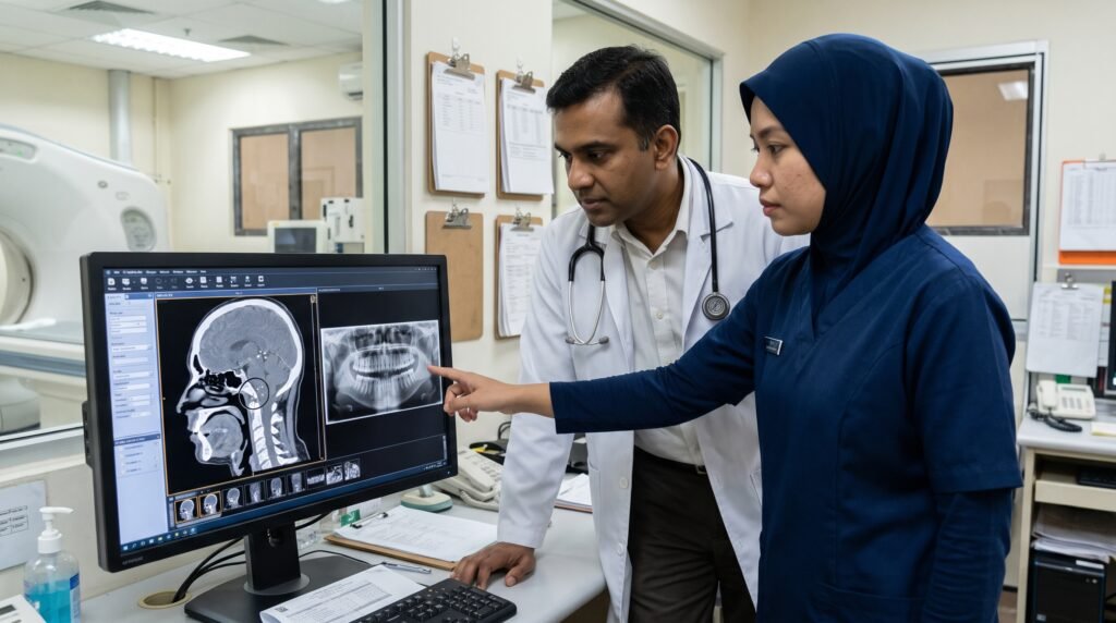 woman radiographer showing tonsil stone