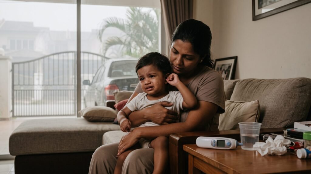 child with ear infection. Outside haze