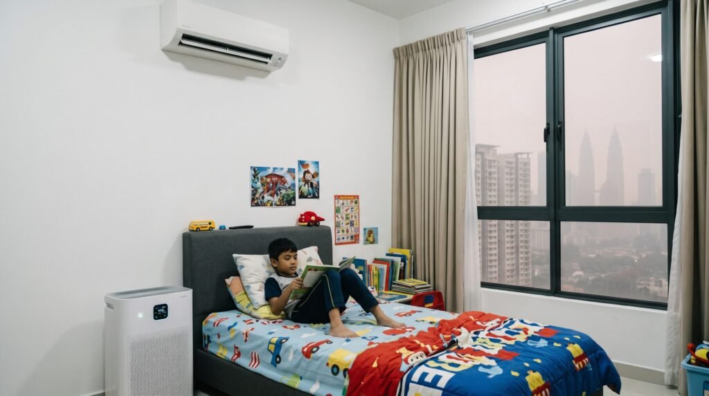 child at room with HEPA filter beside