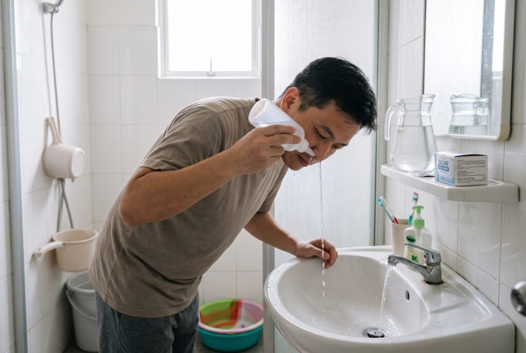 man rinsing nose at toilet