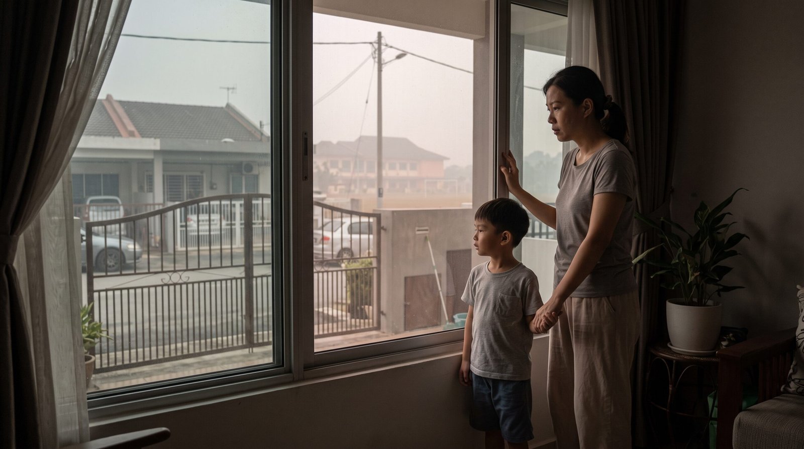family in house, haze outside