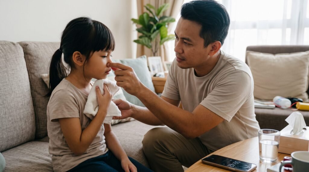girl with nose block. Father trying to stop nose bleed